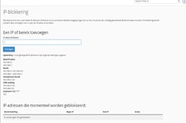 Screenshot van de IP-adresblokkeerder configuratiepagina in cPanel, toont de beveiligingsopties om ongewenste IP's te blokkeren en de lijst van reeds geblokkeerde IP's.