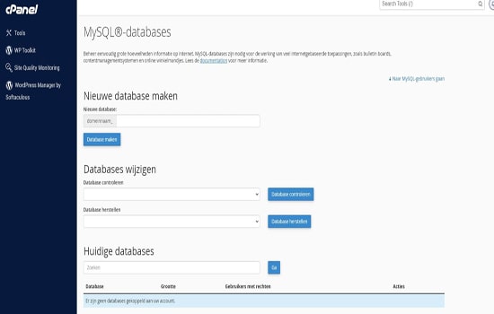 Screenshot van het databasebeheergedeelte in cPanel, toont opties voor het creëren van een nieuwe database, het wijzigen van bestaande databases, en het weergeven van de lijst met bestaande databases.