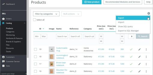 Screenshot van de Productsectie in het beheer van PrestaShop, toont diverse producten met gedetailleerde informatie zoals de titel, de prijs met en zonder BTW, en de resterende hoeveelheden.