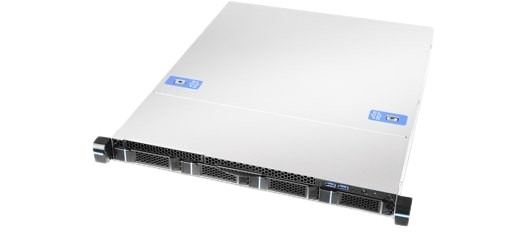 Afbeelding toont een perspectiefbeeld van bovenaf van een Single Xeon Pro-server, met nadruk op de vier 3,5-inch harde schijfbays en de rack openingsknoppen, wat de toegankelijkheid en modulaire configuratie van de server illustreert.