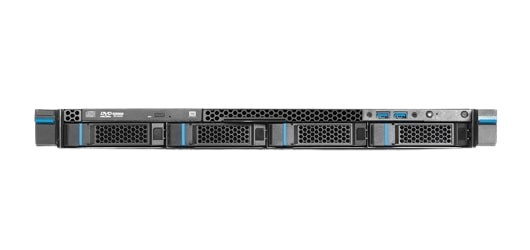 Vooraanzicht van de 1U rackbare Single Xeon Pro-server met vier hot-swap bays, ontworpen voor robuuste prestaties met een multi-core Xeon-processor en 48 GB RAM. Ideaal voor intensieve werklasten en gegevensbeveiliging.