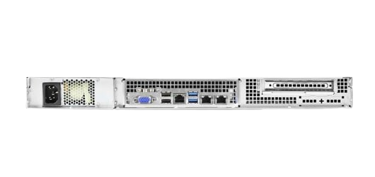 Achteraanzicht van de Single Xeon Pro-server met stroomaansluiting, USB-poorten, netwerkpoorten en VGA-connector, illustrerend de connectiviteitsopties en het gemakkelijke onderhoud.