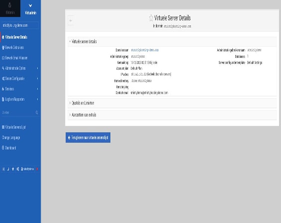 Screenshot van de 'Virtual Server Details' pagina in Virtualmin, toont gedetailleerde informatie voor elk gehost domein. De pagina toont elementen zoals de root directory van het domein, zijn IP-adres, het contact e-mailadres, en biedt opties om de hostingruimte en diverse andere instellingen te wijzigen, wat een nauwkeurig en gepersonaliseerd beheer van elk gehost domein op de server vergemakkelijkt.