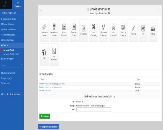 Screenshot van de 'Virtual Server Options' pagina in Virtualmin, presenteert diverse beheeropties voor een specifiek hostingplan. Deze gebruikersinterface stelt beheerders in staat om gebruikslimieten in te stellen, foutlogbestanden te bekijken, PHP-instellingen te configureren, en andere technische aanpassingen uit te voeren om elk hostingomgeving op de server te optimaliseren en personaliseren.