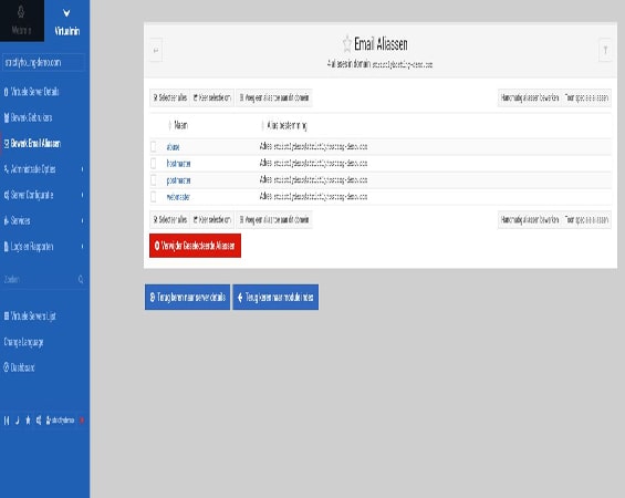 Screenshot van de 'Email Aliases' pagina in Virtualmin, illustreert de functionaliteit voor het creëren en beheren van e-mailaliassen voor elk gehost domein. Deze pagina maakt het mogelijk om aangepaste e-mailadressen en hun bijbehorende doorsturingen in te stellen, wat geavanceerde flexibiliteit en personalisatie biedt voor het beheer van elektronische communicatie van de verschillende domeinen.