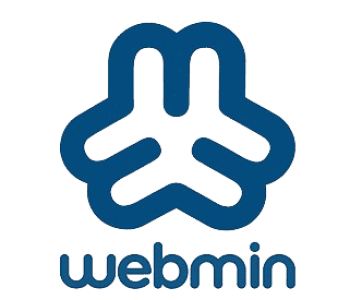 Logo officiel de Webmin en bleu, avec le texte 'Webmin' en dessous, symbolisant une solution intuitive pour la gestion simplifiée des serveurs web.