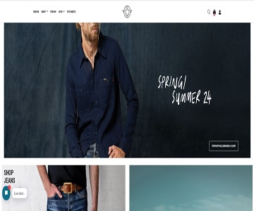 Screenshot van een E-commerce website gebouwd op PrestaShop met een thema voor online kledingverkoop van jeans en shirts, met een koeienstrik op de homepage en verschillende modellen van Amerikaanse jeans.