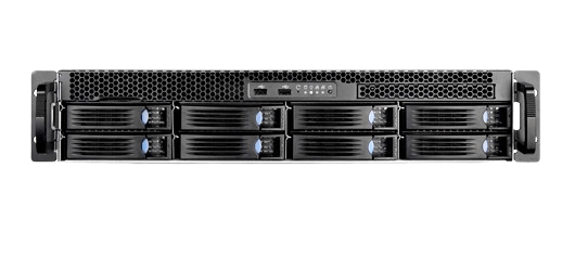 Vooraanzicht van de XeonDual ProMax-server met de twee installatiehandvatten, de 8 bays voor 3,5-inch schijven en het ON/OFF-bedieningspaneel.