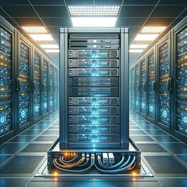 Afbeelding van een dedicated hosting rack, tonend een verscheidenheid van dedicated servers in productie, illustrerend de kracht, controle, en veiligheid geboden door dedicated hosting voor high-traffic sites en veeleisende applicaties.