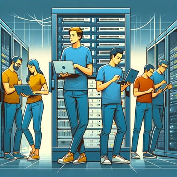 Illustratie van een aandachtig werkende datacentertechnicus, met een laptop naast serverracks. Een van de racks is open, waardoor toegang tot de servers voor troubleshooting wordt onthuld. Deze afbeelding belicht de bewezen ervaring en geavanceerde vaardigheden van ons team, onderstrepend hun vermogen om een nauwkeurige diagnose te stellen en een op maat gemaakte aanpak te bieden voor elke technische uitdaging in het hart van het datacenter.