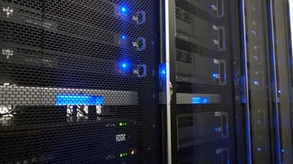 Foto van een serverruimte in dienst met meerdere units, waaronder 1U servers, naast elkaar, die de robuustheid en betrouwbaarheid van de infrastructuur voor performante en beveiligde webhosting illustreert.