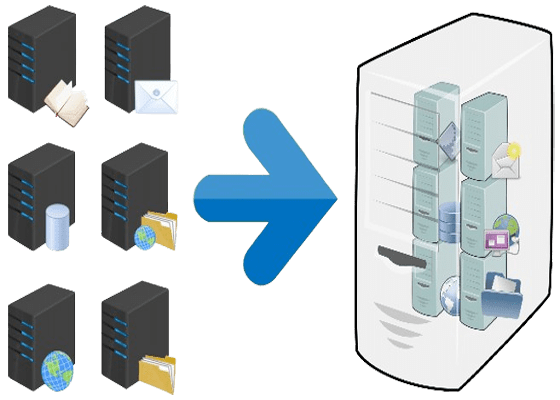 Afbeelding van virtualisatie op dedicated servers, met zes computertorens die virtuele machines symboliseren, geïntegreerd in een grotere server om bronoptimalisatie en verhoogde beveiliging te tonen.