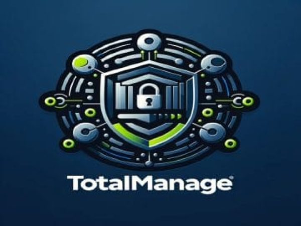 Cercle évoquant une porte de coffre-fort avec bouclier central et cadenas, symbolisant la sécurité et la protection intégrales offertes par TotalManage.