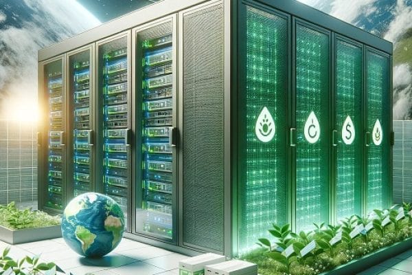 Racks met gereviseerde servers in een groene omgeving, met een wereldkaart en planten, symboliserend onze toewijding aan duurzaamheid en het verkleinen van de ecologische voetafdruk.