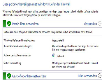 Screenshot die de Firewall-sectie van Windows toont voor het controleren van netwerkinstellingen en het configureren van de firewall voor Remote Desktop-verbindingen.