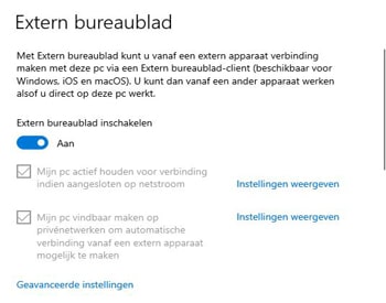 Screenshot van Windows-instellingen die de configuratie van Remote Desktop tonen, met de optie 'Activeer Remote Desktop' benadrukt.