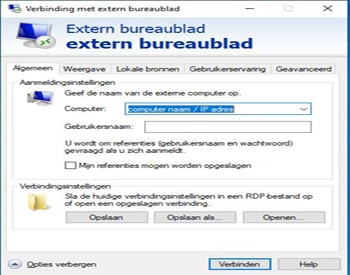 Screenshot van het Remote Desktop-verbindingvenster dat velden toont voor het invoeren van informatie van de externe server.