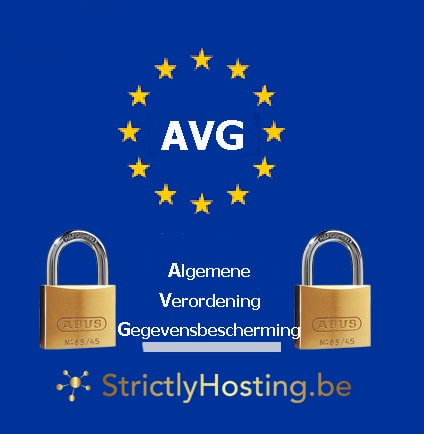 Logo van de AVG omringd door de cirkel van sterren van de Europese Unie, met de tekst 'AVG' in het midden en een hangslot aan elke zijde, wat de veiligheid en bescherming van persoonsgegevens symboliseert in overeenstemming met de Algemene Verordening Gegevensbescherming.