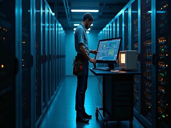 Image réaliste d'un technicien assis à un bureau dans un data center moderne, surveillant plusieurs écrans affichant des analyses de serveurs. Autour de lui, des racks de serveurs 1U avec des lumières de statut actives et des systèmes de refroidissement avancés.