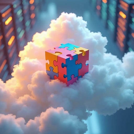 Un symbole de nuage contenant un cube en pièces de puzzle, avec des pièces flottantes autour, symbolisant la scalabilité et la flexibilité de l'infrastructure cloud, avec des serveurs en arrière-plan.